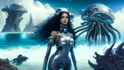 woman with dark hair in a silver robotic catsuit, standing on a futuristic alien beach with a crashed spaceship in the water, with mushrooms with octopus tentacles flying in the air