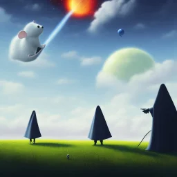 The mouse and the grim reaper discussing the future of the universe, on bubble world, art by Pixar and Magritte