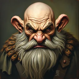 Dnd, dwarf, handpainted by a renaissance artist, oil painting, head portrait, sturdy, mighty, grizzled, old, angry, barbarian, round ears