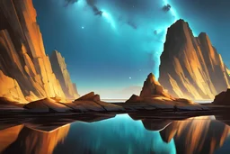 rocky cliff, galaxy, infinite, cosmos, people, water reflection, sci-fi.