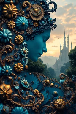 Prompt : A surreal, intricate composition featuring a profile of a a garden blends seamlessly into a swirling, ornate pattern reminiscent of seashells and fractals. Rich shades of blue and gold dominate the image, creating a sense of depth. In the background, fantastical, towering structures rise against a softly lit sky, adding to the dreamlike quality of the scene.