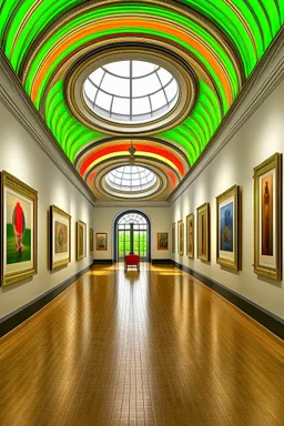 3D-shot A hall for displaying art paintings in an oval shape, and there is an oval wall in the middle of the hall, and the paintings are hanging on the walls