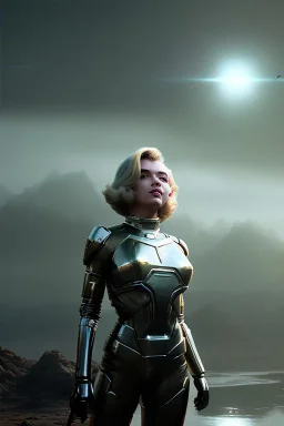 Ultra Realistic retro sci-fi scene, portrait, blonde woman clones, sweet young Marilyn Monroe face, perfect iris, tight latex coat, helmet, Strange planet background. Spaceship, fog, rain, soft color, highly detailed, unreal engine 5, ray tracing, RTX, lumen lighting, ultra detail, volumetric lighting, 3d, finely drawn, high definition, high resolution.