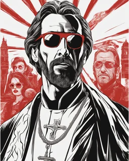 hans gruber as a judgmental priest wearing red sunglasses