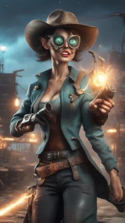 flashy magazine cover illustration, fallout 4 docks setting, horror weird cowboy wizard cyberpunk weasel in female garments,spinning revolver, getting hit by lightening electric arc, with big disturbed eyes,bokeh like f/0.8, tilt-shift lens 8k, high detail, smooth render, down-light, unreal engine, prize winning