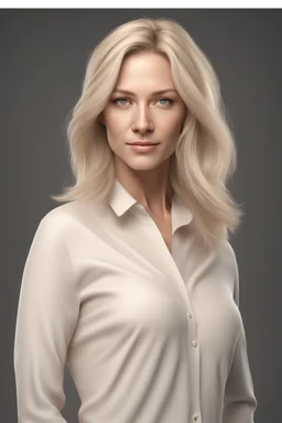 realistic, (39yr old female)without makeup, beautiful face, angled head position, studio lighting, cinematic light, beautiful woman, milk beige middle hair, on white background, 8k Resolution, highly detailed, non-symmetrical body and detailed hairstyles and skin texture