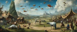 Salvador Dali & Hieronymus Bosch greet each other at an outdoor surrealist market. A herd of dream-like sky-fish swim high in the far distant sky, with a beautiful surreal outdoor countryside summer scene with hills & fields, intricate dwellings, many pathways, streams, waterfalls, waterwheel : very high detail, photorealistic, epic cinematic, 8K, Large depth of field