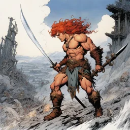 [art by Michael Kaluta] once a flourishing field, now reduced to burned ruins, fumes of death hung heavy in the air. Amidst the devastation, an enraged redhead Barbarian, a towering figure of wrath and fury, thundered across the desolate landscape. His eyes blazed with a primal rage as he sprinted towards a lone white paladin, clad in chrome steel plate armor, a beacon of light amidst the darkness. The Barbarian faces the paladin.