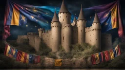 dream world, medieval castle interior, magnificent, coloured pictorial tapestries, brightly coloured flags, coat of arms, calm beauty, fantasy world, magic, night, darkness, starlight, splendor, uplifting, inspiring, therapeutic, chiaroscuro, color, award-winning colour photograph, beautiful composition, exquisite detail, Nikon 55mm