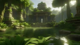 Mayan lost temple of jungle in the center of a lush garden surrounded by a band of water that flows in The four rivers of Eden, in the garden of eden, this garden is a magical oasis surrounded by a vast and golden desert, Hyper Detailed Face, Photorealistic, , Unreal Engine 3D; realistic 4k