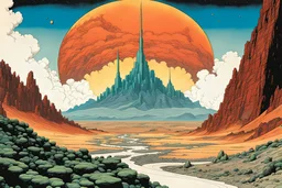 create an otherworldly, portrait of a craggy Martian mountain comic book style of Jean Giraud Moebius, David Hoskins, jack kirby and Enki Bilal, precisely drawn, inked, and colored