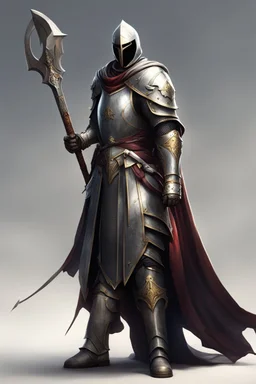 photorealistic holy knight paladin wearing a cape wielding a scythe and not wearing a helmet