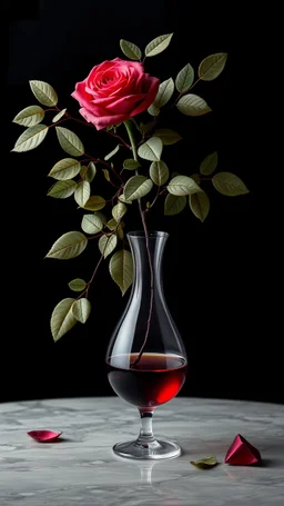 Elegant Wine Breathing Carafe Classic Red Wine Glass Table is a digital artwork that depicts a branch of tree of light black roses and leaves tanglingaThe rose floats on the bsurface. The background is black,