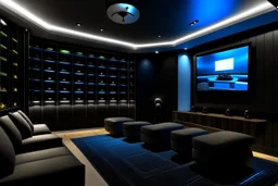 a dedicated home cinema room with LED ambient lighting in the walls