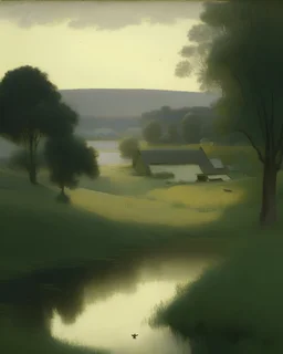 A serene depiction of an idyllic countryside, with rolling hills, a quaint village, and a peaceful river, in the style of tonalism, soft color palette, subtle transitions between light and shadow, and a calming ambiance, influenced by the works of George Inness and James McNeill Whistler, evoking a sense of tranquility and nostalgia.