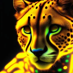 A beautiful portrait of a cyborg cheetah yellow neon color scheme, high key lighting, volumetric light high details psychedelic background