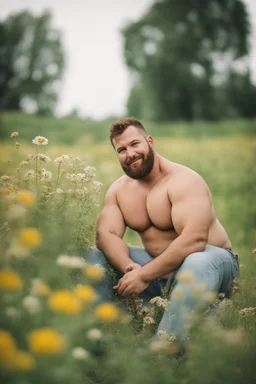 full figure photography, shy muscular big fat chubby, 35mm lens, burly italian man short hair, 27 years old sitting in the meadow with a flower in a hand, near a big farm , red short beard, , hairy armpits, manly armpits, ugly, manly chest, hairy chest, big shoulders, , huge belly, manly chest, shirtless, with boxer, emotive eyes, photorealistic , dim side light, ambient occlusion, side view, poetic composition, golden ratio