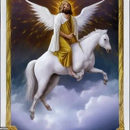 Nephlim Angel's mixed with animals standing looking fearfully as JESUS descends from the clouds on his white horse with light gleaming from his face