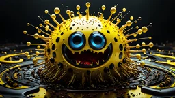 A conceptual art rendering of the Fluidic Marvel of a fantastical combination of a yellowish, zombified Pac-Man and Intricate Ferrofluid Porosity as an evil anti-hero, horror art style, wet, dripping, blood, viscera, 3D Game Cinematic Feel, Epic 3D Videogame Graphics, Intricately Detailed, 8K Resolution, Dynamic Lighting, Unreal Engine 5, CryEngine, Trending on ArtStation, HDR, 3D Masterpiece, Unity Render, Perfect Composition.