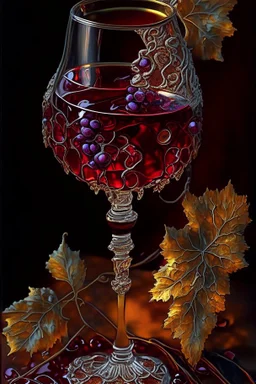 A Still life, a glass of wine, intricate, melted glassprint