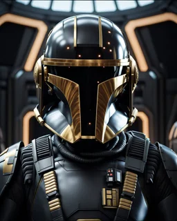 star wars bald male corellian pilot wearing dark gunmetal grey and black First Order special forces TIE pilot armored flightsuit and helmet with gold trim inside the jedi temple, centered head and shoulders portrait, hyperdetailed, dynamic lighting, hyperdetailed background, 8k resolution, volumetric lighting, light skin, fully symmetric details