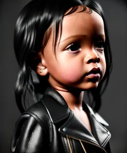 Rihanna toddler, full body, leather jacket, soft skin, dramatic lighting, hyper realistic