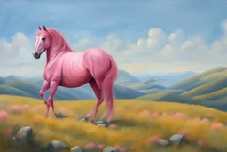 a pink horse in hills like a 19th painting