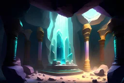 A huge stone monument is placed in the center of the cave room, many stone monuments of various shapes are placed around the monument, many doors are floating in the room, transparent various colored tubes are floating
