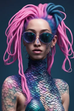 entire body mermaid cyberpunk some fish scales on face pink and indigo hair dreadlock sunglasses