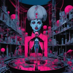 Radiation leak at the Barbie Factory, Nightmarish Surreal Mixed-Media Art by Edward Gorey and Chris Bachalo and Gerald Scarfe, Double-Exposure, Shadows and Highlights, Tenebrism!, Volumetric lighting, dark colors, minimal, Unsettling Disturbing!, crimson and midnight_blue and dark_pink color scheme