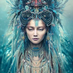 Insanely detailed photograph of an “portrait of gorgeous native goddess” with intricate hair, intricate embroidered dress, beautiful clear face and hyperdetailed painting by Ismail Inceoglu Huang Guangjian and Dan Witz CGSociety ZBrush Central fantasy art album cover art,8K, hdr, romantic, mysterious, ominous, snowflakes, jewelry, comfort, natural eyes, symmetry!!