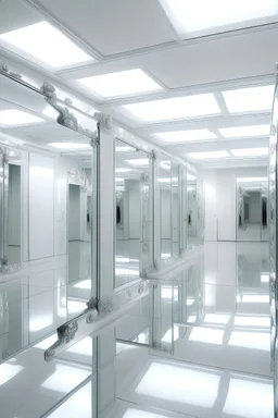 stanza bianco con degli specchi con dentro riflesse tutte le immagini precedenti