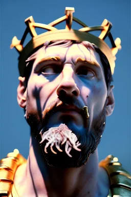 Ultra Realistic image, Roman sculpture, white marble material, Lionel Messi, gold crown of natural thorns, god crown, Renaissance style, sun rays background, waist up portrait, gold flecks, epic, celestial, cinematic lighting, God lights, 4k resolution, smooth details, soft lighting, unreal engine 5, art station, substance 3d.