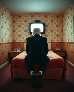 man with plastic bag over his head sits on the edge of a bed with his feet on the ground, facing camera, inside an old, 70s style motel room with tacky wall paper. he is wearing a black suit with a melincholy attitude. there is a box tv facing away from camera, illuminating his front. from this view, you cannot see the front of the tv. full room view, super wide shot, 24mm lens view, film syle.