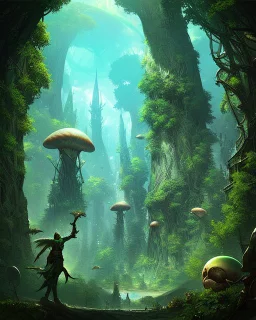 Forest of giant cannabis plants in a tropical setting, beautiful fantasy landscape, realistic and natural, cosmic sky, detailed full-color, nature, hd photography, fantasy by john stephens, galen rowell, david muench, james mccarthy, hirō isono, realistic surrealism, elements by nasa, magical, detailed, alien plants, gloss, hyperrealism