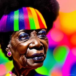 masterpiece, best quality, old woman, dark skinned, sparkling eyes, fluorescent skin, colorful makeup, afro, head shot, highly detailed body, sun light, 4K, RAW, depth of field, high contrast, realistic details, 24mm