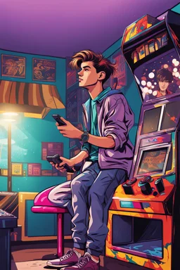 a millineal teenage boy is playing video arcade games, bright colored clothes from the 90s, hairstyles of that time, comic style