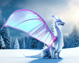 mdjrny-v4 style, a white dragon with fairy-like transparent glowing and sparkly wings, standing in snow, full body, silver and teal blurry background, glowing soft and smooth wings, realistic, highly detailed intricately detailed, shiny snowy background, soft studio lighting, trending on artstation, by artist "Julie Bell", by artist "Greg Rutkowski"