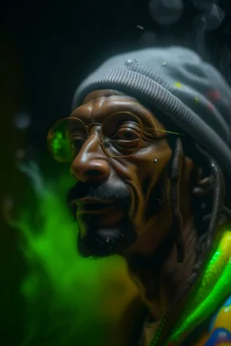 hyper real oil painting portrait of psychedelic snoop dog showering himself inside a smoke cloud in slimy bubbles and gelatinous background, zeiss prime lens, bokeh like f/0.8, tilt-shift lens 8k, high detail, smooth render, down-light, unreal engine, prize winning