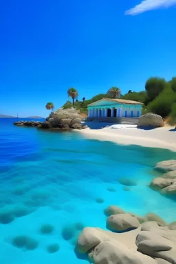 Playa paradisíaca con arquitectura griega, con agua cristalina que deja apreciar hermosos peces