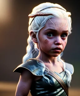 Daenerys Targaryen toddler, full body, dramatic lighting, angry, hyper realistic,