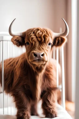 Cute baby Highland bull in a crib