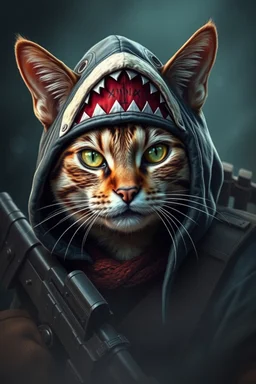 cat with shark mask hat solana fightin battle ready in the trenches in the style of banksy