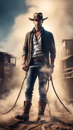 postcard portrait of towering man sexy cowboy with rope lasso and old boots by rail road with pick up ,hands in pockets, in dust cloud spotlight, magazine cover illustration with spray paint, signed, bokeh like, down-light, unreal engine, prize winning