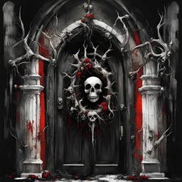 Macabre Dark Shines Christmas Wreath hanging on gothic church door, skulls, surreal horror art, by Stephen Gammell, by Salvador Dali, by Dave McKean, stylish, melting acrylic, vivid Christmas colors, asymmetric, macabre creepy composition, visceral textures, deep shadows, decay rot dystopia, by Russ Mills