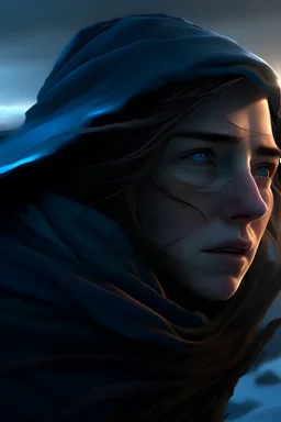 A threateningingly cold wind ripping around the weary warrior female face in twilight