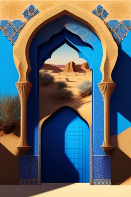 An open gothic_arab doorway in a tiled blue wall with a view of a desert landscape