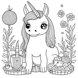 coloring page, cute unicorn, Unicorn Picnic, full view, realistic face, only draw lines, coloring book, clean line art, –no sketch, color, –ar 3:4, white background, minimalistic black lines, minimal black color, low level black colors, coloring page, avoid thick black colors, thin black line art, avoid colors, perfect shape, perfect clear lines,