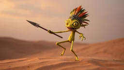a funny crazy maniac little creature that dance in a desert, the creature is yellow and green, have big eyes and long legs, he likes to dance and jump with his spear, he ls little evil and likes to scream "Musta", and have a big mouth sharp teeth, small penis, tribal look, head dress with feathers