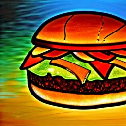 a hamburger rendered in stained glass